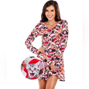 Red White Women's Meowy Catmus Christmas Long Sleeve Dress Medium